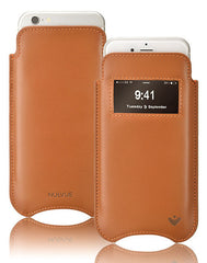 Apple iPhone 13 Pro Max Sleeve Case | Saddle Brown Leather | Screen Cleaning Sanitizing Lining | Smart Window