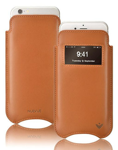 iPhone SE-2 Pouch Case in Tan Napa Leather | Screen Cleaning and Sanitizing Lining | Smart Window