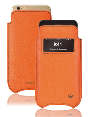 iPhone 8 / 7 Pouch Case in Orange Faux Leather | Screen Cleaning and Sanitizing Lining |  Smart Window